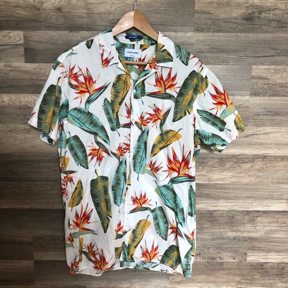 Jack and Jones Cotton Short Sleeved Tropical Print Button Down Shirt Large - Picture 2 of 8